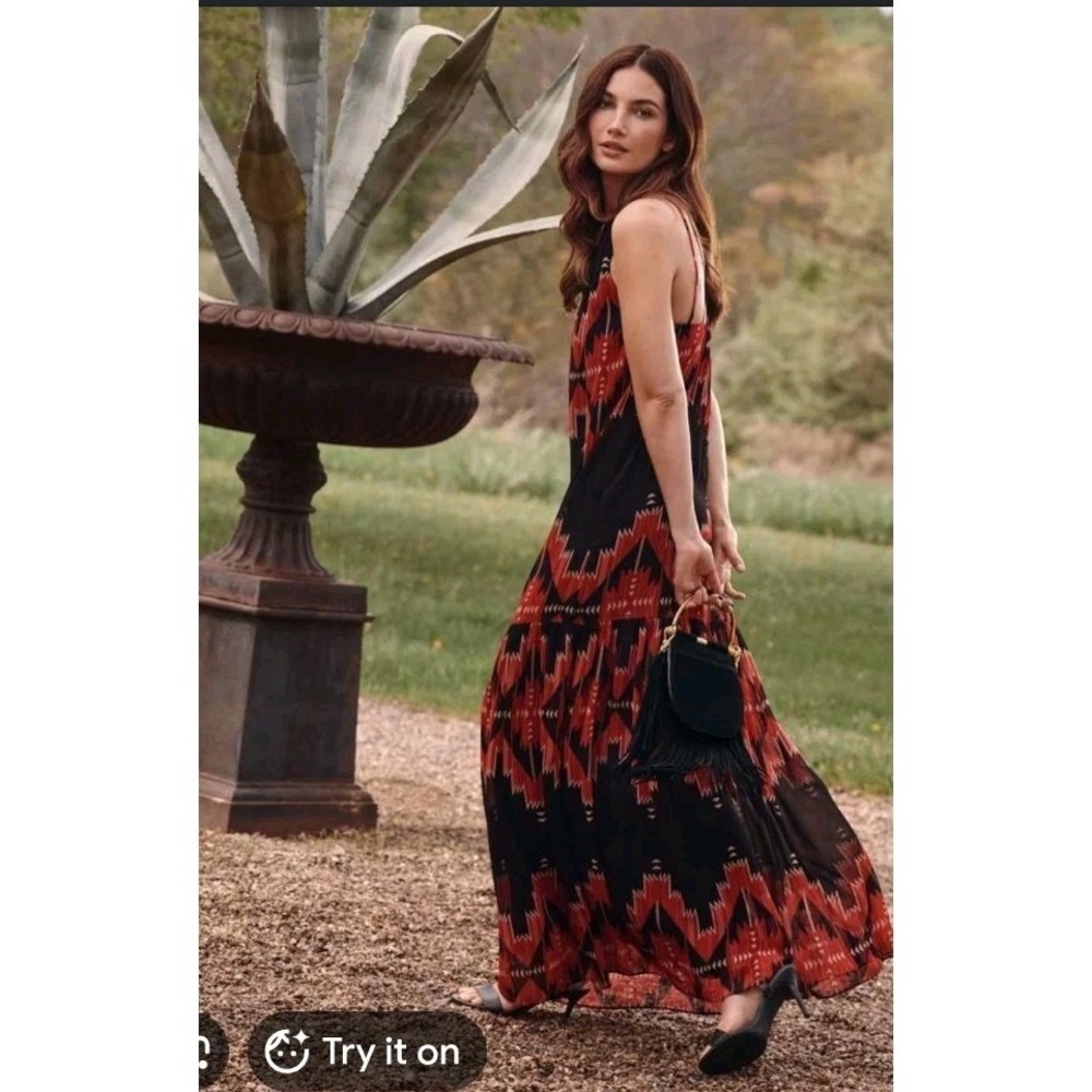 Lauren Ralph Lauren Black Label Georgette Halter Maxi Dress Aztec Red Black 16